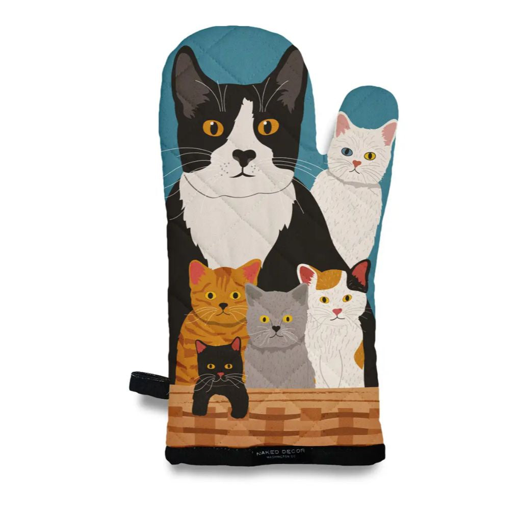 Oven mitts with a design featuring six cats in a basket 