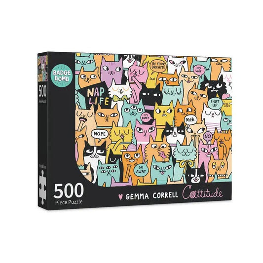 Five hundred piece jigsaw puzzle featuring a colorful illustration of a crowd of cats with speech bubbles saying things like "Go away" and "I'm busy"