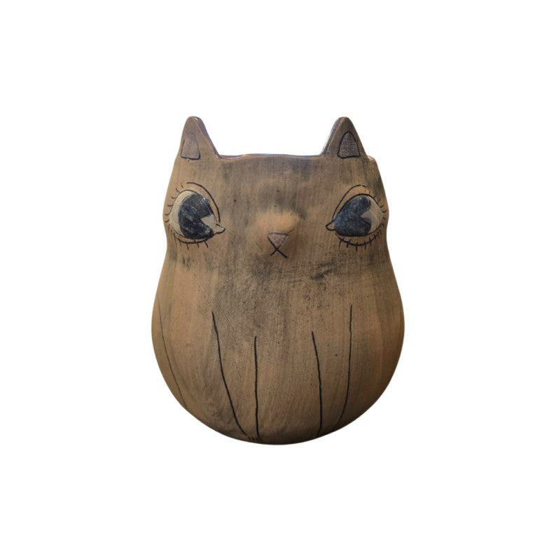 Brown vase shaped like a round cat with big eyes and pointy ears