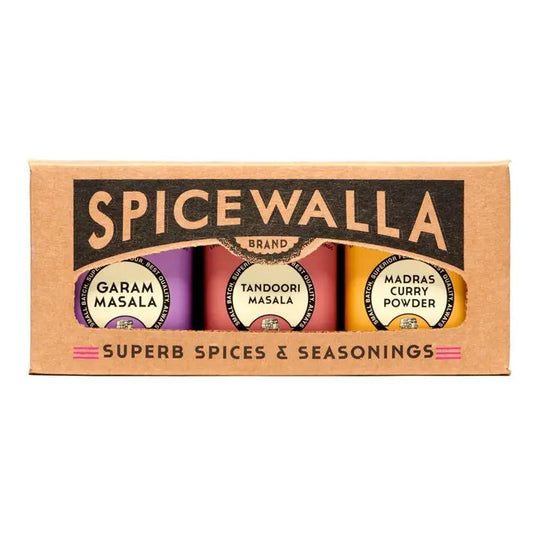Set of three Spicewalla seasonings: garam masala, tandoori masala and Madras curry power