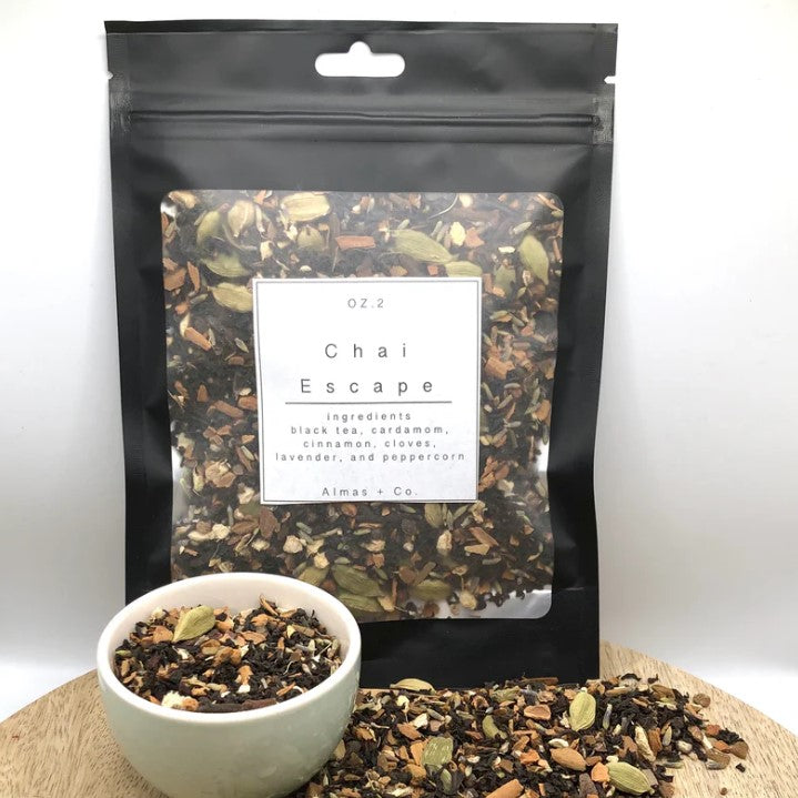 a .2 oz bag of loose leaf chai tea with black tea, cardamom, cinnamon, cloves, lavender and peppercorn