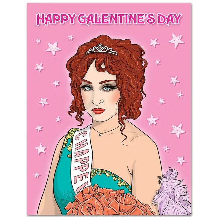 a card featuring an illustration of chappell roan on a pink background and the caption "HAPPY GALENTINE'S DAY"