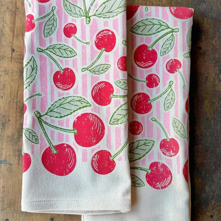 Set of two kitchen towels with pink stripes and a cherry pattern