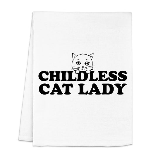 cat graphic peering over text of childess cat lady on a kitchen towel