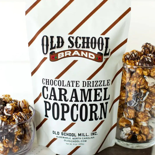 Bag of Old School chocolate drizzled caramel popcorn