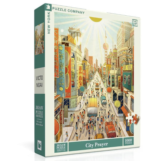 A one thousand piece puzzle depicting a busy city street.