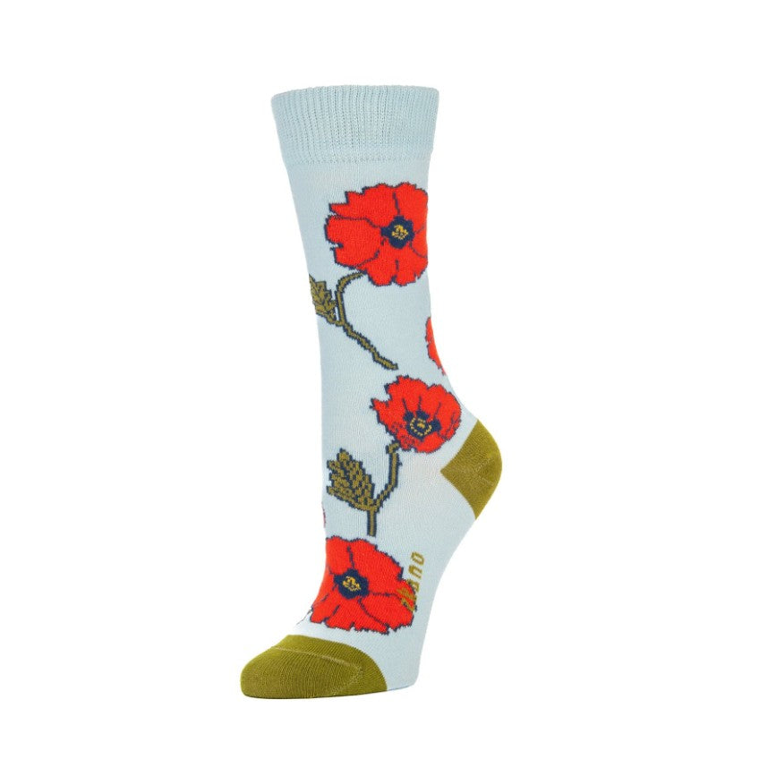 Light blue calf socks with red poppy pattern