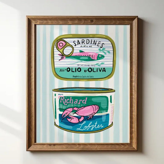 An 8x10 print depicting a tin of sardines and a tin of lobster in front of a light blue striped background.