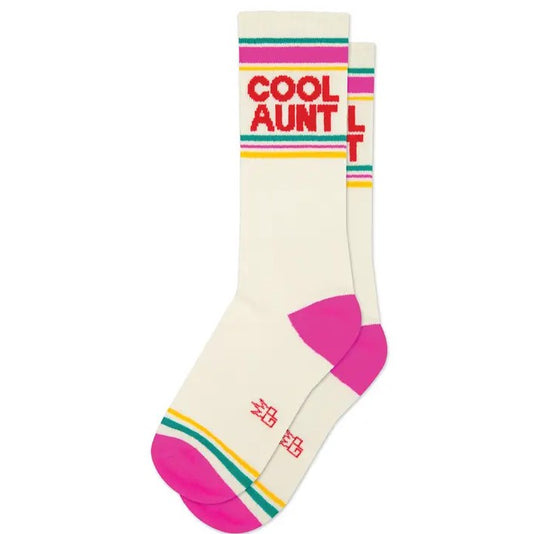 White sicks with pink, green and yellow accents and red text "Cool Aunt"