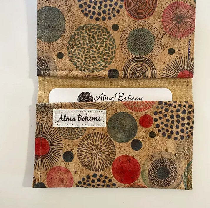 Inside of a cork wallet with an abstract floral pattern