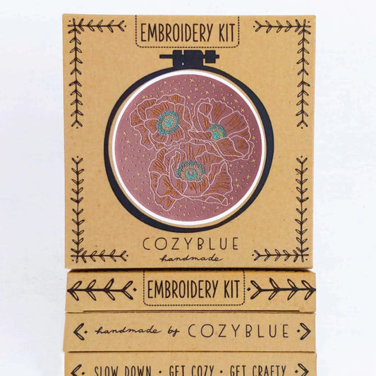 Embroidery kit with poppy flowers on pink flowers