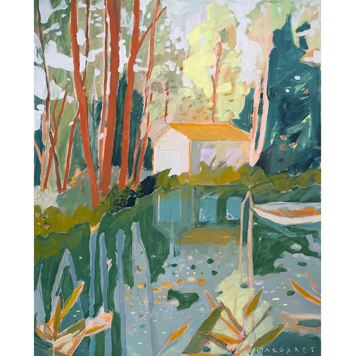 Painting of a yellow house in a woodsy cove by a lake 