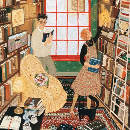 Illustration of a couple in a cozy bookstore with a black cat