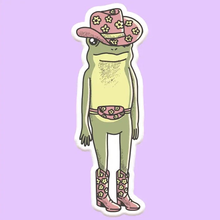 frog dressed like a cowgirl with a pink cowboy hat, fanny pack, and pink boots, all adorned with yellow flowers as a sticker