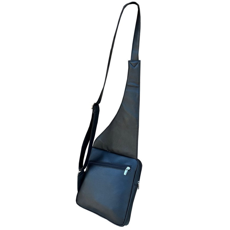 A sleek black leather crossbody bag with one zipper pocket in the front.