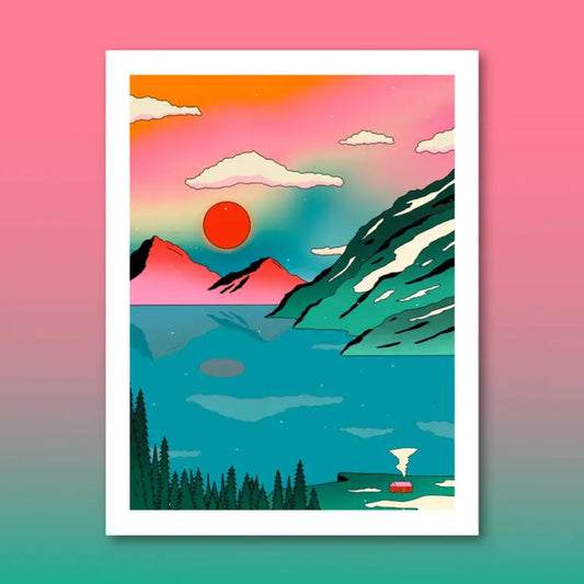 8x10 print of a small house on the edge of a lake in front of a mountain landscape