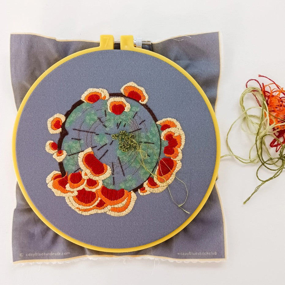 Embroidery kit with a design depicting wildflowers and fungus on a gray background