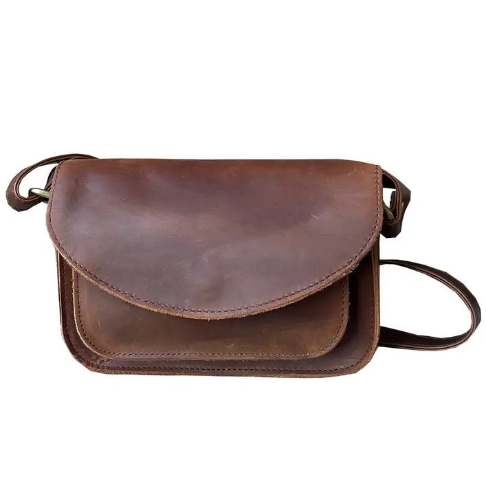 Dark brown leather crossbody bag with a fold-over top.