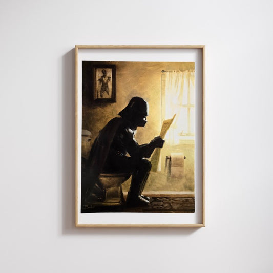Art print depicting Darth Vader sitting on the toilet and reading the newspaper