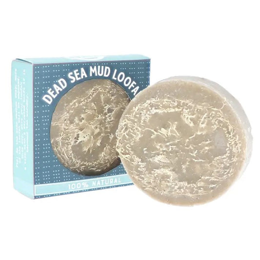 A bar of dead sea mud soap with a natural loofah embedded inside for exfoliation.