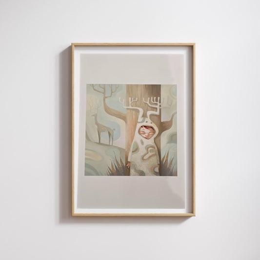 Art print depicting a child in a deer costume smiling and hiding behind a tree with a stag in the background