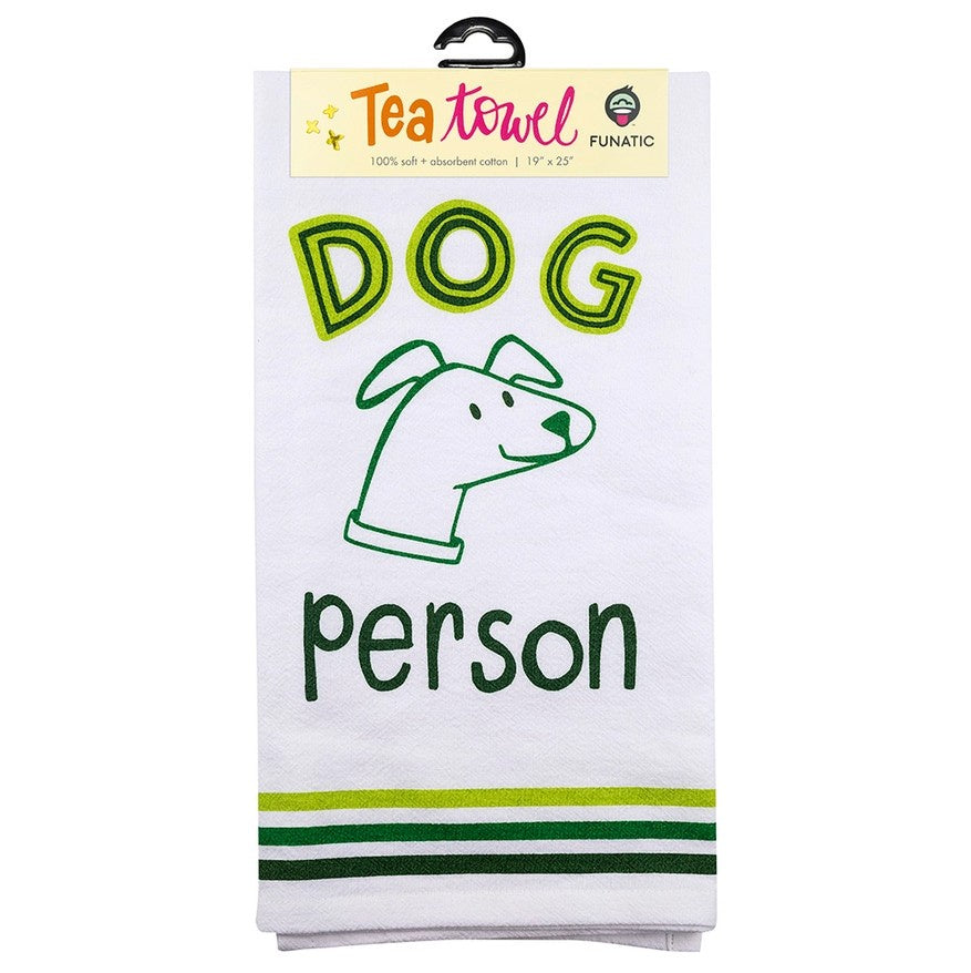 White towel with a green picture of a smiling cartoon dog and the words "Dog Person"