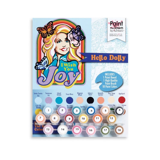 Product packaging for a Dolly Parton Paint by Numbers Kit