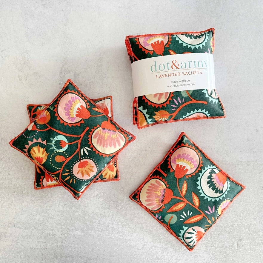 Lavender sachets with an orange and green floral pattern