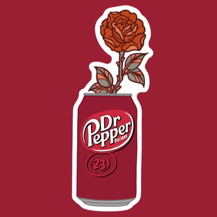 Sticker featuring a red Dr Pepper can with a rose coming out of it 