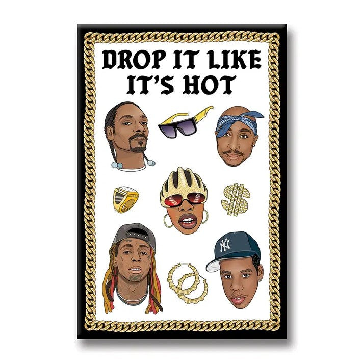 fridge magnet depicting snoop dogg, tupac, missy elliot, 2 chainz and jay z