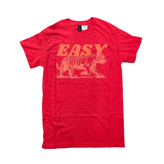 Red t-shirt with tiger graphic and text "Easy"