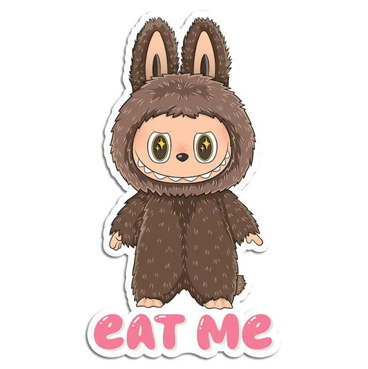 Sticker of a brown Labubu with pink text that reads "Eat Me"