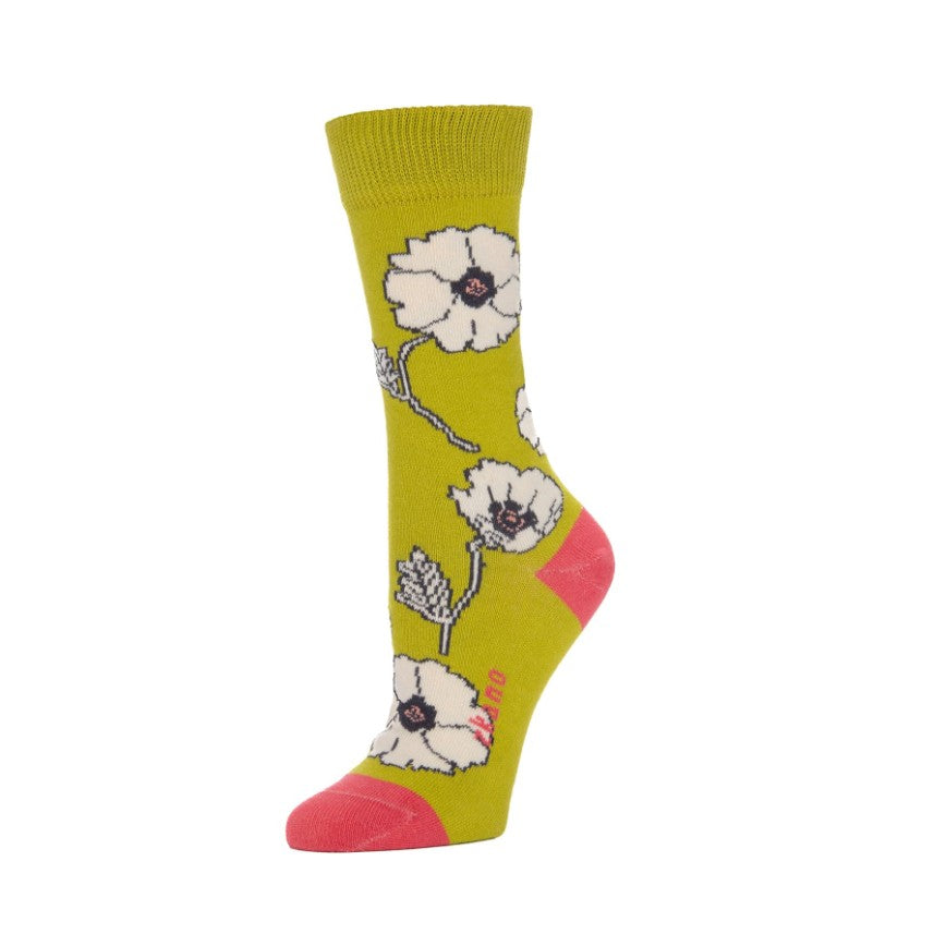 Bright green calf socks with a white poppy pattern