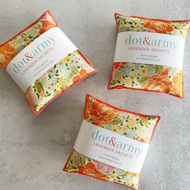 Lavender sachets with an orange floral pattern