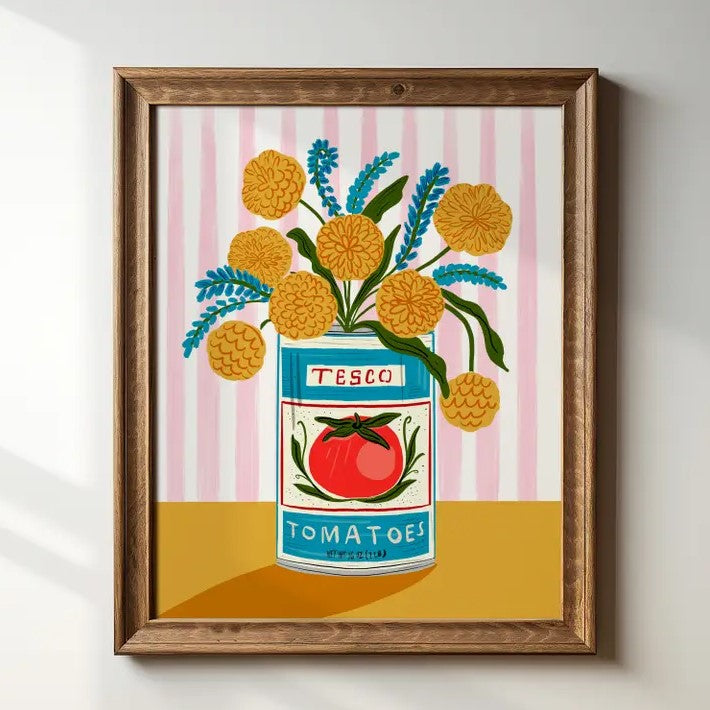 8x10 print depicting yellow marigold flowers blooming out of a tin of Tesco tomatoes in front of a pink and white striped background.