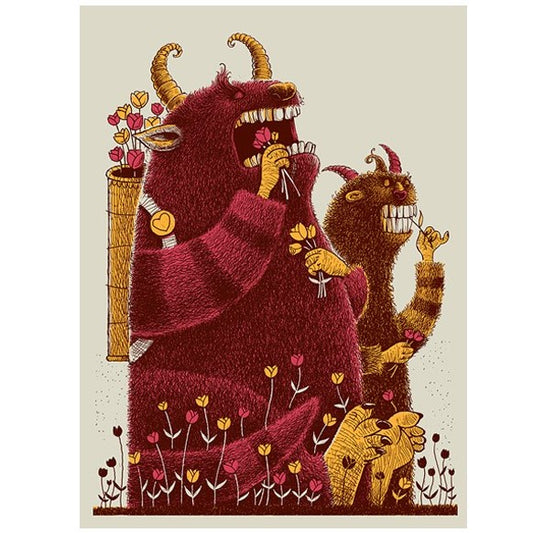 two monsters earing flowers art print