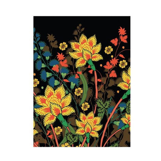 A card covered in bright yellow, orange and blue flowers over a black background.