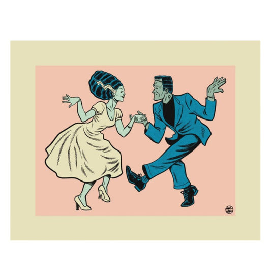 Retro art print of Frankenstein and his bride dancing in front of a pale pink background
