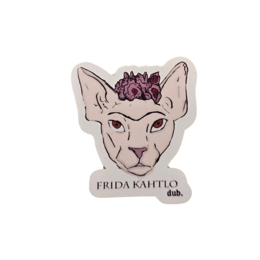 Sticker of a sphynx cat with a floral headband and 'Frida Kahtlo dub.' text on a white background