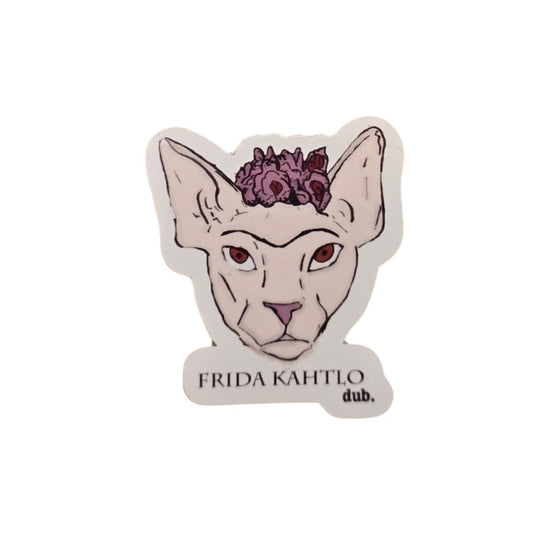 Sticker of a sphynx cat with a floral headband and 'Frida Kahtlo dub.' text on a white background