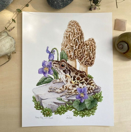 watercolor art print of a frog and morsels