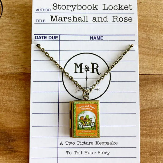 Necklace with a locket shaped like the book "Frog and Toad Together"