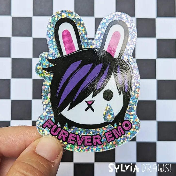 Bunny with emo purple and black hair with the quote Furever Emo and a glitter and checkerboard background