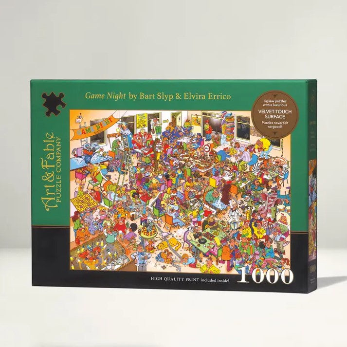 A one thousand piece puzzle with a velvet-touch surface depicting a massive and chaotic game night filled with people playing numerous board games.