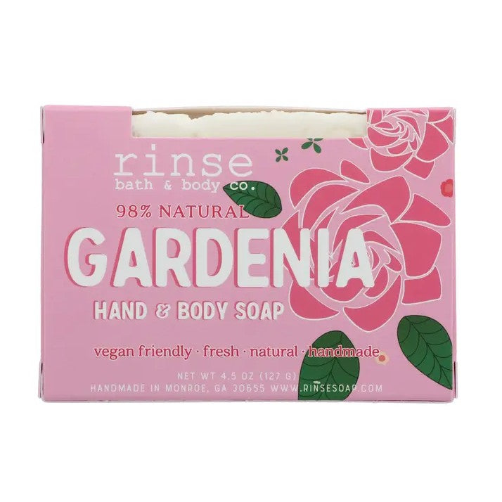 Bar of gardenia scented soap in pink floral packaging