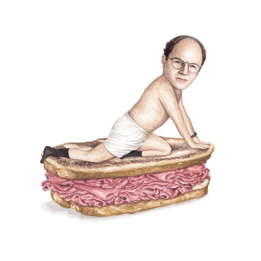 Watercolor illustration of George Costanza posing in his underwear on top of a sandwich 