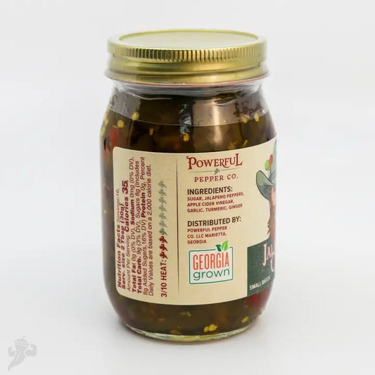 Jar of pickled jalapeños with a label on a white background