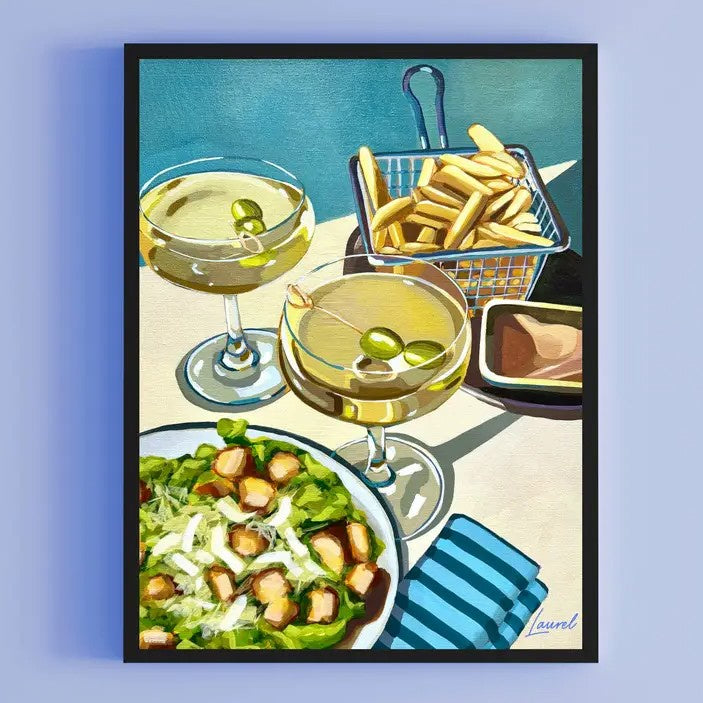Artwork of olive martinis, a salad and a basket of fries