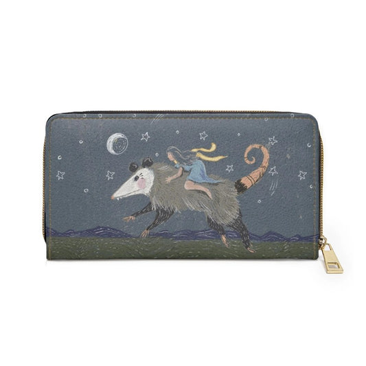 Wallet featuring an illustration of a girl in a blue dress riding a giant possum