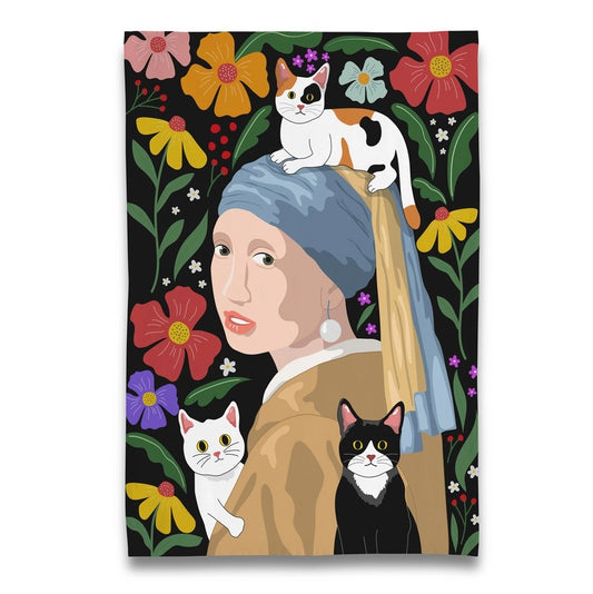 Modified version of 'Girl with a Pearl Earring' featuring cats instead of a pearl earring and flowers.